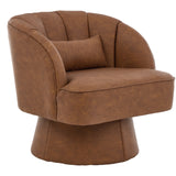 Garvee Modern Swivel Barrel Accent Chair – Soft Velvet Upholstered Round Lounge Chair with Striped Backrest, Cushion – Comfortable Seating for Living Room, Bedroom, Vanity – PU | Vintage Dark Brown (Two-tone) - Retro Brown