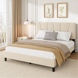 Garvee Full Size Platform Bed Frame with Fabric Upholstered Headboard, Adjustable Height & Noise-Free Design, Wooden Slats Support, Easy Assembly, Bedroom - Beige