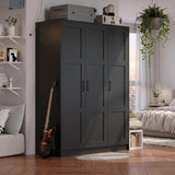 Garvee 3 Doors Wooden Wardrobe Closet, Morden Wardrobe Armoire with Doors and Shelves, Standing Closet Cabinet for Hanging Clothes, Large Capacity Storage Cabinet for Bedroom, Black - Black