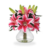 Garvee Lifelike Artificial Tiger Lilies in Glass Vase – Real Touch Silk Flower Arrangement, 6 Stems Faux Lilies for Home, Office, Wedding Table Centerpiece, Bendable Stems, Low Maintenance, Pink