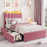Garvee Twin XL Bed Frame with Storage, RGB LED Headboard, Plush Boucle Upholstery, Metal Frame with Drawers, Quiet Support, Dark Pink, Kids' Bedroom - Dark Pink
