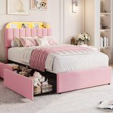 Garvee Velvet Upholstered Twin XL Bed Frame with 2 Storage Drawers, Bookcase Headboard, LED Lights, Noise-Free, Easy Assembly, No Box Spring Required - Pink, Twin XL Size - Velvet Pink-Led