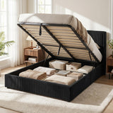 Garvee Full Size Bed Frame Corduroy Upholstered Wingback Headboard Lift-Up Storage Hydraulic Support Wooden Slats No Box Spring Needed Black Bedroom - Black