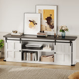 Garvee Farmhouse TV Stand for 75 Inch TVs – 70" Modern Entertainment Center with Sliding Barn Doors, Storage Cabinets, Media Console Table for Living Room or Bedroom – Dark Top Panel, White Body, Cross-Shaped Door Frame - White+Black