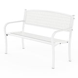 Garvee 50" Outdoor Metal Garden Bench, Weather-Resistant Steel Patio Bench with Curved Backrest, Decorative Pattern & Sturdy Alloy Steel Frame for Porch, Yard, Park, Deck & Backyard, White - White