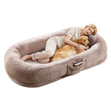 Garvee Orthopedic Soft Faux Fur Human Dog Bed for Adults & Pets – Large 67"x43"x8" Lounger, Removable Pillow, Side Pocket, Handle, Washable Cover, No Assembly, Bean Bag Style, Light Brown - Brown/With Pillow