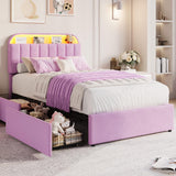 Garvee Velvet Upholstered Twin Bed Frame with Storage Drawers, Bookcase Headboard, LED Lights, Noise-Free, Easy Assembly, No Box Spring Needed - Purple, Twin Size - Velvet Purple-Led