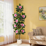 Garvee Realistic Artificial Magnolia & Rubber Tree – 6FT Faux Plant with Pink Magnolia Flowers, Lifelike Green Leaves, Multi-Trunk, Decorative Potted Tree for Home, Living Room, Office – Pink Magnolia 6FT - Pink