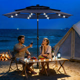 Garvee 10 FT Solar Patio Umbrella, 3-Tier Vented Canopy with 24 LED Lights, 8-Rib Steel Frame, Crank Tilt Outdoor Umbrella for Backyard, Pool & Deck, Blue