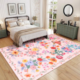 Garvee 10' × 13'  Floral Nursery  Area Rugs Washable Print Boho Cute Carpet Non Slip Flower Low Pile for Living Room Kids Girls Playroom Bedroom Kitchen Office Farmhouse-Pink - Pink