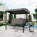 Garvee 3-Seat Outdoor Porch Swing with Adjustable Canopy, Patio Swing Chair with Stand, 800 Lbs Heavy Duty Steel Frame, Reclines to 180° Swing Bed, Cup Holder Trays, Cushions & Pillows for Garden, Grey - Grey