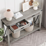Garvee Farmhouse Console Table with Rattan Drawers – 43" Narrow Sofa Table, Wooden Entryway Storage, Ideal for Living Room, Hallway, Foyer – Color: 25 Years Grey