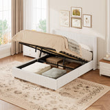 Garvee Queen Size Corduroy Upholstered Lift Up Storage Bed Frame with Gas Lift, Padded Headboard, Wooden Slat Support, White - Bedroom Organizer - White