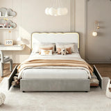 Garvee Bed Frame with LED Lights, Irregular Wave Upholstered Platform Bed with 2 Storage Drawers - Light Gray + White