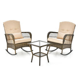 Garvee 3-Piece Rattan Patio Rocking Chair Set with Cushions, 2-Tier Glass Table for Porch, Balcony, Garden