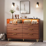 Garvee 47.2" w 6 Drawers Dresser with LED Lights & Charging Station, Modern Curved Fluted Wood Chest of Drawers with Gold Handles for Bedroom & Living Room, Walnut - Walnut