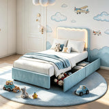 Garvee Bed Frame with LED Lights, Irregular Wave Upholstered Platform Bed with 2 Storage Drawers - Blue