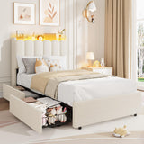 Garvee LED Twin XL Bed Frame with Storage Drawers, RGB LED Headboard, Boucle Upholstered, Metal Frame, Quiet Support, White, Kids Bedroom - White
