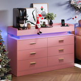 Garvee 47" TV Stand Cabinet with Power Outlets & LED Lights, 6 Drawer Dresser TV Console, Entertainment Center, Coffee Bar Sideboard Buffet for Living Room, Bedroom, Entryway, Pink - Pink