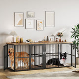 Garvee 87 in Extra Large Double Dog Crate Furniture with Divider, Heavy Duty Kennel with 3 Lockable Doors, Wooden Indoor Pet House TV Stand for 2 Small Medium Large Dogs, Black+Brown Tabletop