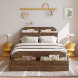 Garvee Twin Size Bed Frame, Wooden Beds with Storage Headboard and Raised-Foodboard, Twin-Floor Low Platform Bed for Bedroom, Sturdy Wooden Slats Support, No Box Spring Needed, Walnut - Walnut