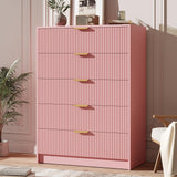 Garvee 5 Drawer Dresser for Bedroom 41 Inch Tall Vertical Fluted Chest of Drawers with Gold Metal Handles Multi Function Storage Organizer Pink Finish - Pink