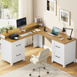 Garvee 63" Executive l Shaped Desk with 4 File Drawers & Power Outlet, Large Corner Computer Desk with Monitor Stand and Power Outlets, Home Office Desks with Storage Drawers - White And Brown