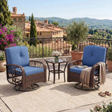 Garvee Brown and Blue 3-Piece Patio Furniture Set with 2 Swivel Rocking Chairs & Rattan Side Table, Outdoor Wicker 360° Swivel Glider Chairs with Blue Cushions and Tempered Glass Tabletop for Deck, Porch, Garden & Poolside - Brown & Blue