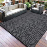 Garvee Large Outdoor Plastic Area Rug - Reversible Waterproof Patio Mat - Modern Geometric Low Pile Carpet - Easy Clean, Lightweight for Deck, Porch, Camping, Backyard - Black and Gray, 10x14ft - Black/Gray
