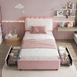 Garvee Modern LED Upholstered Platform Bed Frame - Adjustable Double Wave Velvet Headboard - Storage Drawers - Heavy Duty Metal & Wood Support - No Box Spring Needed - Ideal for Kids, Teens, Girls, Boys - Queen Size - Pink