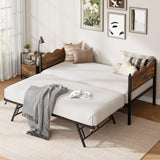 Garvee Daybed with Trundle, Twin Size Day Bed with Metal Slat Support & Lockable Casters, Wavy Headboard with Wood Grain, Space-Saving Sofa Bed for Living Room/Guest Room, No Box Spring Needed, Brown - Black & Brown