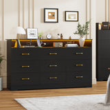 Garvee 9 Drawer Dresser for Bedroom, 65" Wide Chest of Drawers with Large Storage Space and Charging Station, Modern Organizer Cabinet with Open Shelf Table for Living Room, Hallway, Black - Black