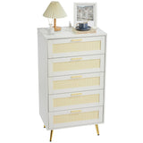 Garvee Modern Rattan 5-Drawer Dresser with Metal Handles & Splayed Legs – MDF Tall Chest of Drawers for Bedroom, Entryway & Living Room Storage-White - White