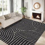 Garvee 9' x 12' Easy Jute Indoor Outdoor Area Rug, Abstract Wavy Line Washable Non-Slip Faux Jute Rug for Living Room & Dining Room, Black - Black