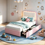 Garvee Bed Frame with LED Lights, Irregular Wave Upholstered Platform Bed with 2 Storage Drawers - Pink