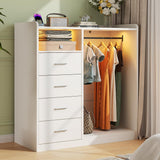 Garvee Dresser with Hanging Rack for Bedroom, 4 Drawer Dresser with LED Lights & Charging Station, Large Dressers & Chest of Drawers, Storage Organizer with Open Shelves for Living Room, White - White
