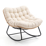 Garvee Rocking Chair with Thick Cushion,450 LBS Capacity, Heavy Duty Metal Frame Patio Rocker, Curved Leg Wicker Rattan Armchair for Indoor Outdoor Lounge Decking, Gray - Beige