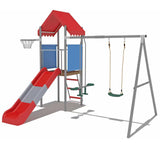 Garvee Kids Outdoor Playset with Metal Swing, Slide & Treehouse Platform, Backyard Playground Equipment with Basketball Hoop, Heavy-Duty Outdoor Swing Set for Children - Red