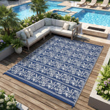 Garvee Waterproof Reversible Outdoor Rug - Boho Leaf Design - UV & Mark Resistant Plastic Straw Patio Carpet with Stakes & Storage Bag, Lightweight, Washable for RV, Camping, Deck, Balcony, 8x10ft, Navy Blue/White - Navy Blue