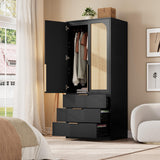 Garvee Armoire Wardrobe Closet with 3 Drawers and 2 Doors, Modern Wooden Wardrobe Cabinets for Hanging Clothes, Large Capacity Tall Standing Bedroom Armoires, Heavy Duty (Rattan, Black) - Black