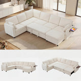 Garvee Modular Sectional Sleeper Sofa with Pull Out Bed, 116" Large U Shaped 7 Seater Sectional Couches with Ottoman, Charging Port & Foldable Side Table, Comfy Chenille Cloud Sofas for Living Room, Beige - Beige