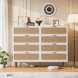 Garvee Rattan 8 Drawer Dressers for Bedroom, Tall Dresser with Deep Drawers, Large Chest of Drawers for Closet with Wide Top, Long Wooden Dresser for Living Room, Hallway, Kids Room, White - White