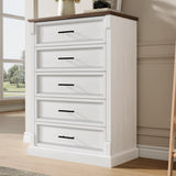 Garvee Farmhouse 5 Drawer Tall Dresser – Rustic Wood Chest with Large Storage Drawers & Metal Bar Handles – Modern Storage Cabinet for Bedroom, Living Room, Hallway – Cabinet Body A06124I + Dark Walnut Panel - White