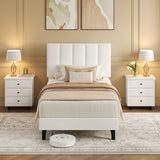 Garvee Suede Upholstered Platform Bed Frame with Adjustable Tufted Headboard, Noise-Free, No Box Spring Needed, Easy Assembly - Twin Size, White - White