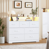 Garvee 7 Drawer Dresser for Bedroom - 47.2” Wide Double Chest of Drawers with LED Light and Charging Station, Large TV Stand Cabinet Organizer with Open Shelf for Living Room, Entryway, Hallway, White - White