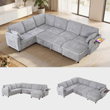 Garvee Modular Sectional Sleeper Sofa with Pull Out Bed, 116" Large U Shaped 7 Seater Sectional Couches with Ottoman, Charging Port & Foldable Side Table, Comfy Chenille Cloud Sofas for Living Room, Grey - Grey