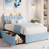 Garvee Upholstered Twin Bed Frame with Storage Headboard, 2 Drawers, LED Lights, Velvet Platform, Bookcase Shelf, Noise-Free, Easy Assembly, No Box Spring Needed - Blue, Twin Size - Velvet Blue-Led
