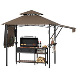 Garvee 8x5 Grill Gazebo Outdoor BBQ Canopy Double Tier Ventilated Canopy Adjustable Dual Side Awnings Heavy Duty Steel Frame Shelves & Hooks Backyard - Brown