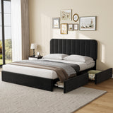 Garvee Queen Size Bed Frame with 4 Drawers, Upholstered Velvet Platform Bed with Height Adjustable Headboard, Wooden Slats Support, No Box Spring Needed, Easy Assembly, Black - Black
