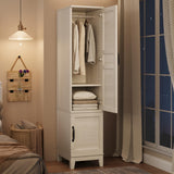 Garvee Freestanding Rustic Wooden Armoire Wardrobe – 2 Doors, 72" Tall Bedroom Storage Closet, Hanging Rod, 18 Adjustable Shelves, Narrow Organizer for Clothes – White - Rustic White